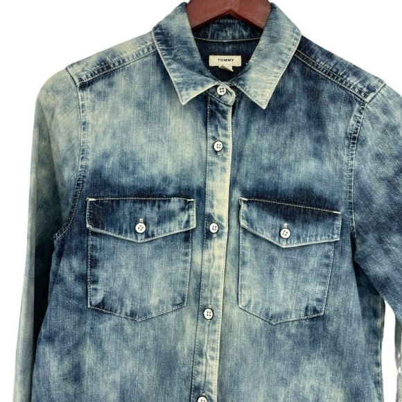Tommy Button Up Shirt Women's Acid Washed Denim Blue - Picture 5 of 10